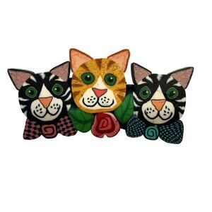 90s Cute Cottagecore Colorful Polymer Clay Cat Brooch | 3 Cats